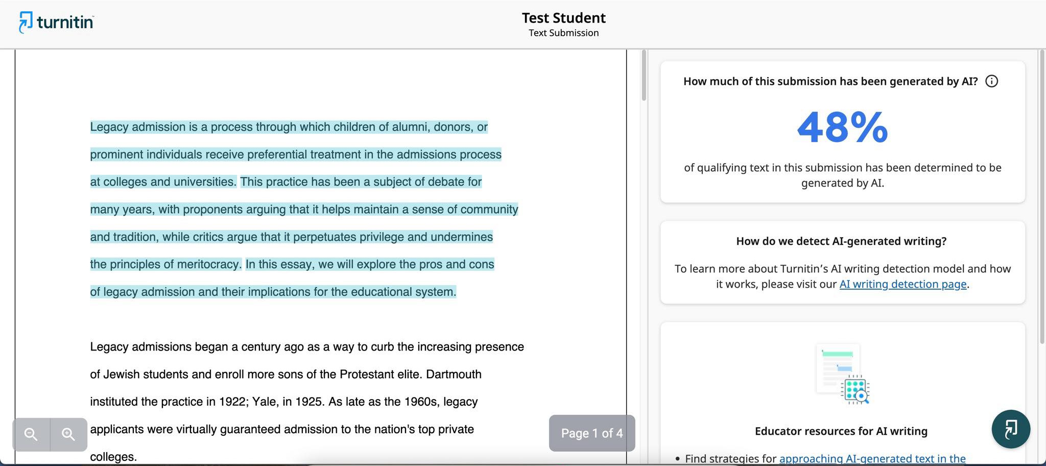 Screenshot of the Turnitin new AI detector.